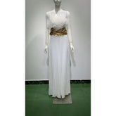 White Strapless Luxury Prom Gown with Gold Beading Belt - Runway-Worthy Celebrity Evening Dress